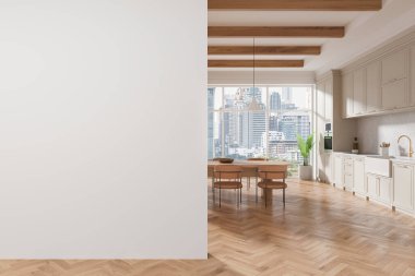 Ahşap zeminli modern mutfak ve yemek alanı, boş beyaz duvar arka planı, iç tasarım modeli konsepti. 3B Hazırlama. 