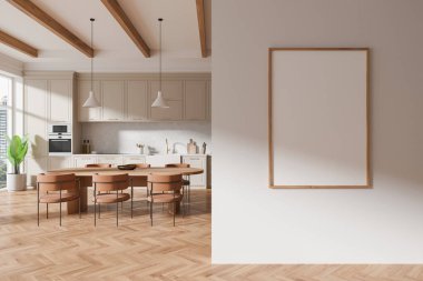 Modern ev mutfağı, yemek masası, sandalyeler, ahşap zemin. Gökdelenlerin panoramik penceresinin yanında bitki yetiştirme dolabı. Bölümdeki tuval posterini taklit et. 3B görüntüleme