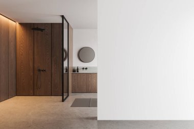 Ahşap elementler, hafif beton zemin ve sağ tarafında beyaz duvar modeli olan modern banyo iç tasarım konsepti. 3B Hazırlama