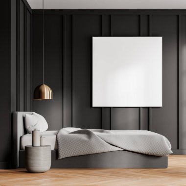 Gri klasik yatak odası iç yatak odası ve süslemeli komodin, altın lamba. Ahşap zeminli lüks dinlenme odası. Kare branda posterini döşeme duvarına yapıştır. 3B görüntüleme