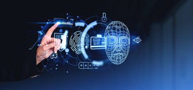 Kadın parmak dokunuşu, biyometrik doğrulamalı yüz hologramı, şifreli sanal ekran, asma kilit, göstergeler ve kişisel bilgiler. Veri güvenliği ve çevrimiçi koruma kavramı