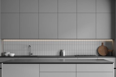 Karanlık ev mutfağı, lavabo ve soba, tabak ve tabaklar tezgahta. Modern dairede lavabosu olan, minimalist yemek pişirme alanı olan bir bar adası. 3B görüntüleme