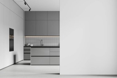 Bar adası, yemek dolabı, fırın monte edilmiş mutfak ve mutfak gereçleri olan şık bir mutfak. Boş duvar bölmesini düzenle. 3B görüntüleme