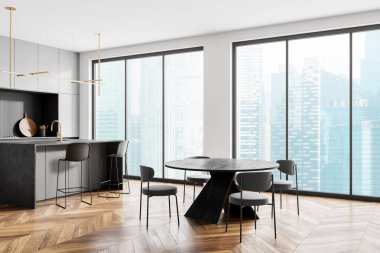 Mutfak manzarası, yemek masası ve bar tezgahı, lavabo ve mutfak gereçleri. Singapur gökdelenlerinde panoramik pencereli yemek ve pişirme alanı. 3B görüntüleme