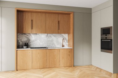 Ev mutfağının iç manzarası lavabo, mermer duvarlı ahşap dolap, tezgahta mutfak gereçleri. Ahşap zemini olan modern bir dairede yemek pişirme alanı. 3B görüntüleme