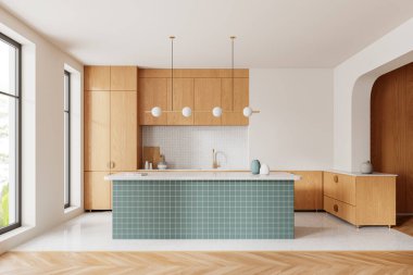 Fayans bar adası, ahşap dolap, lavabo ve mutfak gereçleri olan lüks bir ev mutfağı. Raflı yemek pişirme alanı ve tropik bölgelerde panoramik pencere. 3B görüntüleme