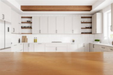 Ahşap tezgah, bulanık modern mutfak arka planıyla gösteriliyor. Parlak ve havalı mutfak konsepti. 3B Hazırlama.