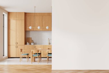 Ahşap ev mutfağı, yemek masası ve sandalyeler. Dolap ve panoramik pencereli lüks yemek ve pişirme alanı. Boş duvar bölmesini düzenle. 3B görüntüleme