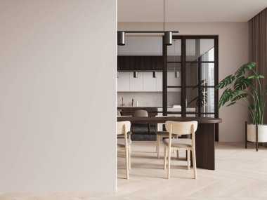 Modern mutfak ve yemek alanı ahşap mobilyalar, bitkiler ve büyük pencereli, yanında bej rengi duvar, dışarıda açık gökyüzü. İç dizayn modeli. 3B Hazırlama. 