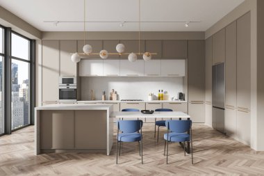 Lüks ev yapımı mutfak iç mekan, mavi sandalyeler, buzdolabı dolu yemek dolabı. New York gökdelenlerinde panoramik pencereli şık bir yemek odası. 3B görüntüleme