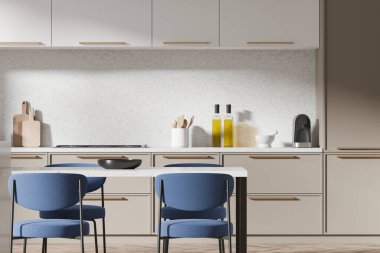 Konforlu ev mutfağı yemek masası, mavi sandalyeler, mutfak gereçleri olan beyaz ve ahşap yemek dolabı. Modern şık bir dairede yemek yiyoruz. 3B görüntüleme