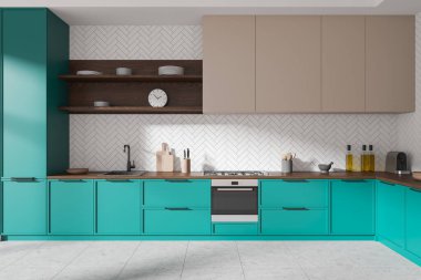 Eklektik mutfak dolabı ve mutfak malzemeleri tezgahta, beton zemin. Renkli rafları ve aletleri olan modern bir dairede yemek pişirme alanı. 3B görüntüleme