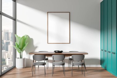 Modern oturma odası, yemek masası, sandalyeler, ahşap zeminde yeme alanı. Gökdelenlerin panoramik penceresi. Duvara boş bir poster asın. 3B görüntüleme