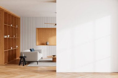 Ahşap ve beyaz stüdyo daire, gevşeme ve yemek dolabı, mutfakta raflı ve bulaşıklı kanepe. Boşluğu kopyalamak için duvar bölümü boş. 3B görüntüleme