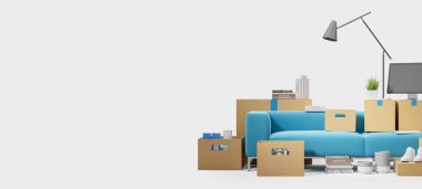 Bilgisayarlı karton kutular, sandalye ve boş beyaz arka planlı kanepeli kitaplar. Taşınma konsepti, yeni ev ve taşınma. 3B resimleme