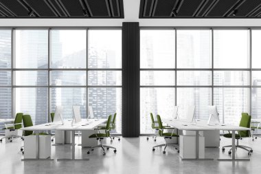 Masaların üzerinde bilgisayar ve beton zemin olan bir ofis aç. Singapur gökdelenlerinde minimalist mobilyaları ve panoramik pencereleri olan şık bir iş yeri. 3B görüntüleme