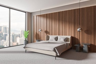 Corner view of hotel bedroom interior with bed and nightstand with decoration, plant on carpet. Sleeping space in modern apartment with panoramic window on skyscrapers. 3D rendering clipart