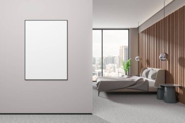 Modern ev yatak odası iç yatak odası, dekoratif komodin, halının üzerine bitki. Kuala Lumpur gökdelenlerinin panoramik penceresi. Beyaz duvar bölümündeki tuval posterini taklit et. 3B görüntüleme