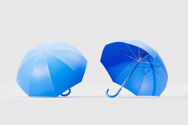 Farklı açılardan mavi şemsiye, boş arkaplan fotokopi alanı. Sigorta, sağlık ve koruma kavramı. 3B resimleme
