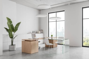 Cam masa, dizüstü bilgisayar ve beton zemindeki sandalyelerle yönetmenin odasının iç manzarası. Büfe ve bitkilerle dolu bir danışma odası. Bangkok gökdelenlerinin panoramik penceresi. 3B görüntüleme