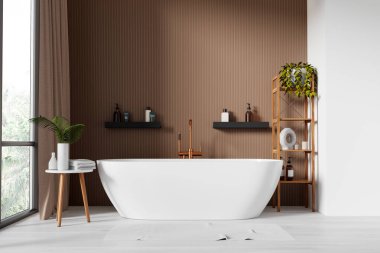 Modern banyo, beyaz küveti, bitkileri ve ahşap rafı olan, kahverengi duvarlı bir zemin üzerinde. Çağdaş ev dekoru kavramı. 3B Hazırlama.