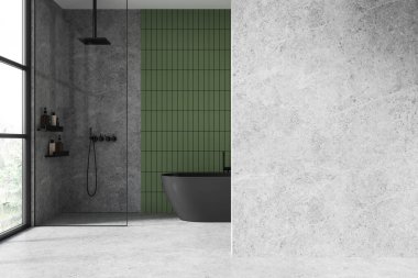 Taş otel banyosu, siyah küvet, aksesuarlı cam duş, gri beton zemin. Tropik bölgelerde panoramik pencere ve boş duvarı kopyala. 3B görüntüleme