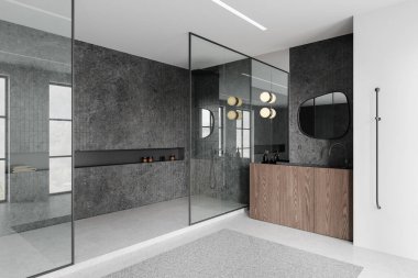 Cam duşlu modern banyo, ahşap dolap, gri fayanslar, ve büyük ayna, minimal iç mekan, aydınlatma arka plan, çağdaş tasarım. 3B Hazırlama