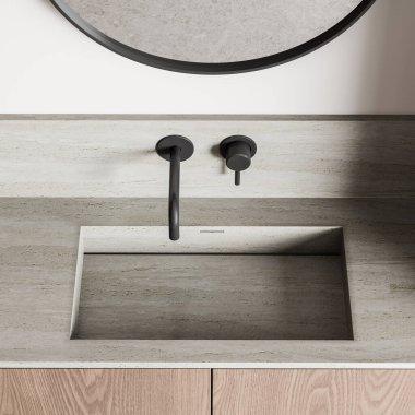 En şık otel banyosu lavabosu manzarası, tezgahlı taş lavabo. Zarif modern dairede minimalist banyo alanı. 3B görüntüleme