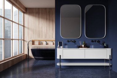 Ev banyosunun içinde çift lavabo, iki ayna, duvar bölmesi ve rafta duran cam küvet var. Singapur gökdelenlerinin panoramik penceresi. 3B görüntüleme