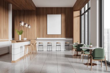 Ahşap ve beyaz kafeteryaların içi bar adasıyla kaplı, tabureli yemek masaları beton zeminde. Panoramik pencereli şık bir restoran yemek odası. Tuvalin posterini hazırla. 3B görüntüleme