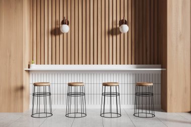 Ahşap ve beyaz kafeteryaların içi bar adasıyla kaplı, tabureli yemek masaları beton zeminde. Panoramik pencereli şık bir restoran yemek odası. Tuvalin posterini hazırla. 3B görüntüleme