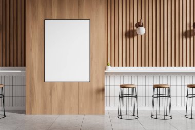 Konforlu kafeterya içinde sıra sıra masa ve bar koltukları, beton döşeme. Modern mobilyaları ve ahşap duvarında tuval posterleri olan minimalist yemek alanı. 3B görüntüleme