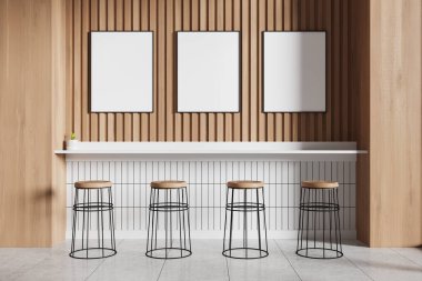Ahşap tabureli, boş çerçeveli, tahta panel duvarlı, hafif ambiyanslı modern minimalist bar iç mimarisi. 3B Hazırlama