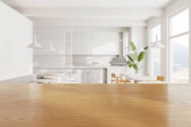 Boş ahşap masa, rahat kafenin içi bulanık arka planı kahve makinesi ve panoramik pencereli bar adası. Ürün gösterimi için kopyalama alanı oluşturun. 3B görüntüleme