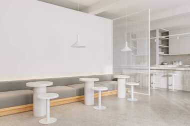 Bar tezgahı ve yemek alanı olan beyaz restoran manzarası, masa ve sandalyelerle dolu yemek alanı. Mutfak eşyalarıyla dolu lüks bir kafeterya. 3B görüntüleme