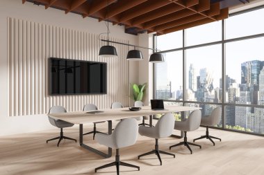 İç mekan, tahta ve sandalyelerle görüşmenin köşesi, duvarda TV ekranı. New York gökdelenlerinde panoramik pencereli iş konferansı alanı. 3B görüntüleme