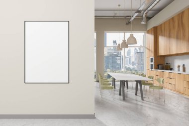 Lüks ev mutfağı. Yemek masası, sandalyeler, beton zemin. Bangkok gökdelenlerinde mutfak dolabı ve panoramik pencere. Tuvalin posterini hazırla. 3B görüntüleme