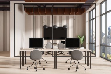 Masaları ve ergonomik sandalyeleri olan modern açık ofis alanı, açık ahşap zemin, çalışma alanı tasarımı kavramı. 3B Hazırlama. 