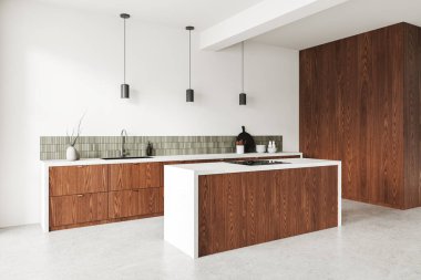 Ahşap dolaplı modern mutfak, minimalist tarz, beyaz arka plan, iç tasarım konsepti. 3B Hazırlama