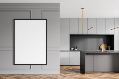 Ev yapımı mutfak iç mekanı, yemek dolabı, ahşap döşeme. Tezgahta lavabo ve mutfak gereçleriyle raflar. Bölümdeki tuval posterini taklit et. 3B görüntüleme