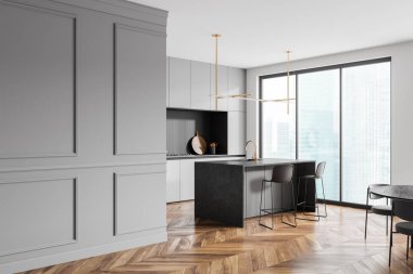 Bar adası ve yemek masası olan ev mutfağı manzarası, lavabo ve mutfak gereçleri olan dolap. Singapur gökdelenlerinde panoramik pencereli yemek ve pişirme alanı. 3B görüntüleme