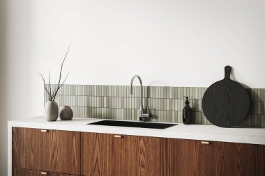 Modern ev mutfağı manzarası, lavabo ve mutfak gereçleri tezgahta. Ahşap raflar ve dekorasyonla yemek pişirme alanı. 3B görüntüleme