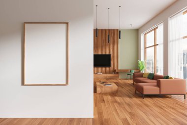 Lüks oturma odasının içinde kanepe ve televizyon, sandalyeli güzellik masası ve dekorasyonlu kahve masası. Kuala Lumpur 'un panoramik penceresi. Bölüme afiş asın. 3B görüntüleme