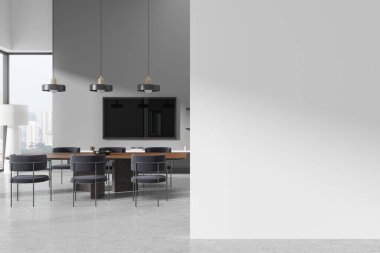 Gri oturma odası, yemek masası, sandalyeler, televizyon ekranlı çekmece. Singapur gökdelenlerinin panoramik penceresi. Boş duvar bölmesini düzenle. 3B görüntüleme