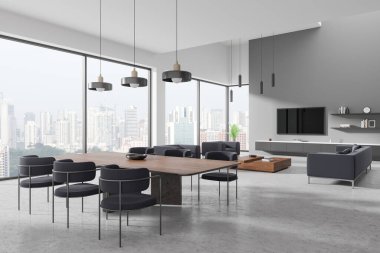 Lüks oturma odası, yemek masası, sandalyeler, gri kanepe ve televizyon ekranlı büfe. Singapur gökdelenlerinin panoramik penceresi. 3B görüntüleme