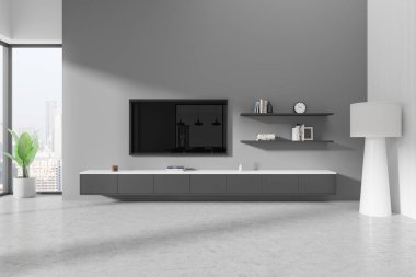 Ev içi gri oturma odası. Duvarda, büfede ve rafta sanat dekorasyonu olan televizyon ekranı var. Singapur gökdelenlerinin yakınına panoramik pencere dikelim. 3B görüntüleme