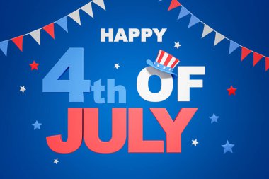 Üzerinde Amerikan bayrakları ve yıldızları olan 4 Temmuz harf kartı. Mavi arka planlı minimalist selamlama afişi tasarımı. Bağımsızlık Günü kutlaması kavramı. 3B resimleme