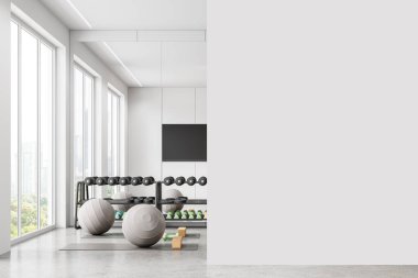 Ev yapımı spor sınıfı, halterli, beton döşemeli. Bangkok gökdelenlerinde televizyon ekranı ve panoramik pencereli spor ya da fitness alanı. Boş duvar bölmesini düzenle. 3B görüntüleme