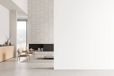 Beyaz ev oturma odasının içinde iki koltuk, dekorasyonlu bir çekmece. Kırsal kesimde panoramik pencereli rahatlama alanı. Boş duvar bölmesini düzenle. 3B görüntüleme