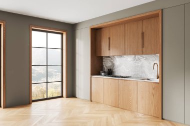 Evin mutfak manzarası lavabo, ahşap ve mermer dolap tezgahta mutfak gereçleri. Modern dairede panoramik pencereli yemek pişirme alanı. 3B görüntüleme